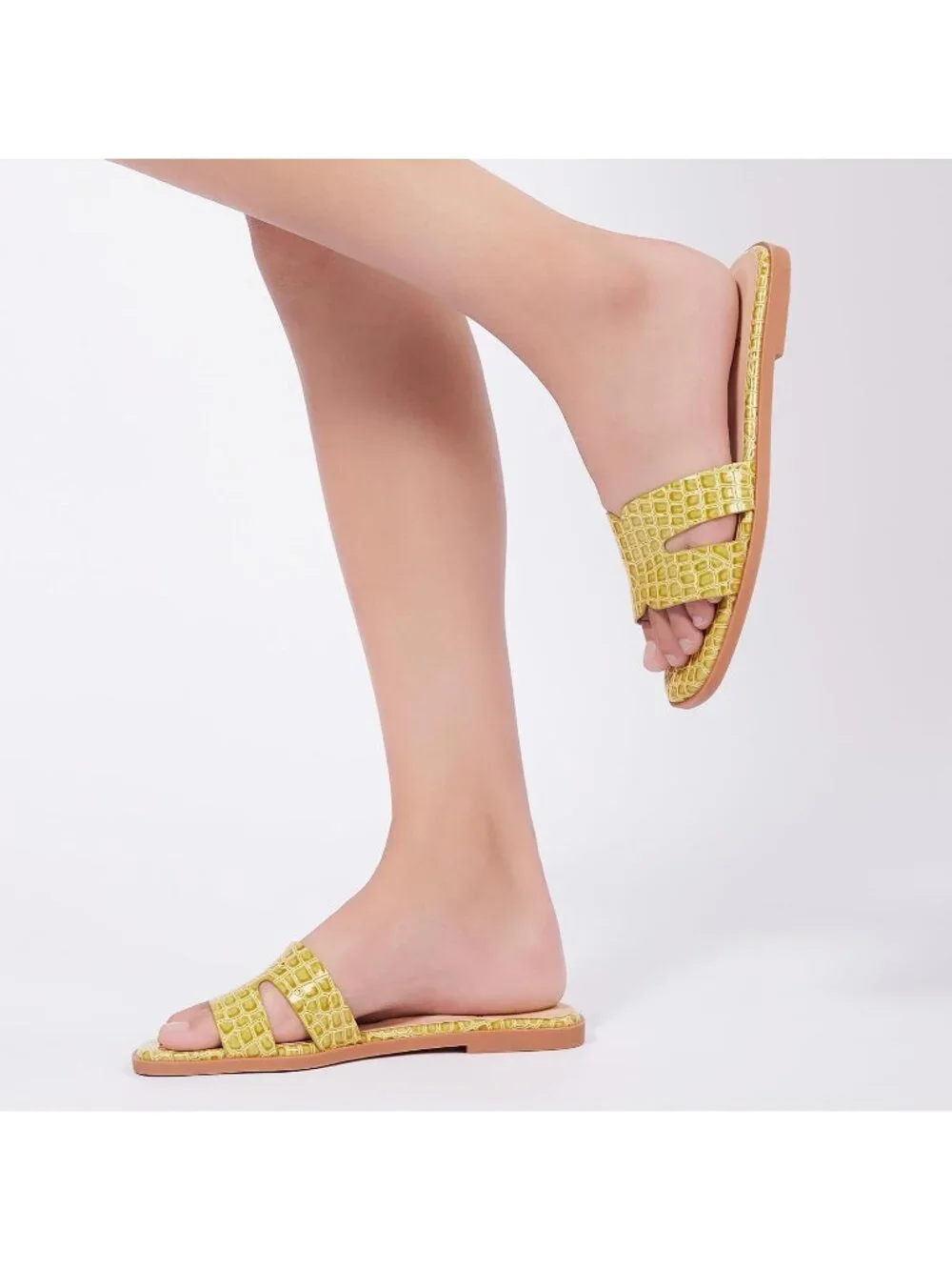 Women's Green Flat Comfortable Slides Fashion Square Open Toe Slip Beach Sandal